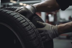 Auto mechanic repairing car tire in workshop generated by artificial intelligence