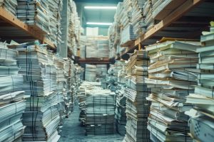 Neatly arranged stacks of paper, the stacks are organized and ready for use, the atmosphere is orderly and efficient, photography, wide-angle lens,