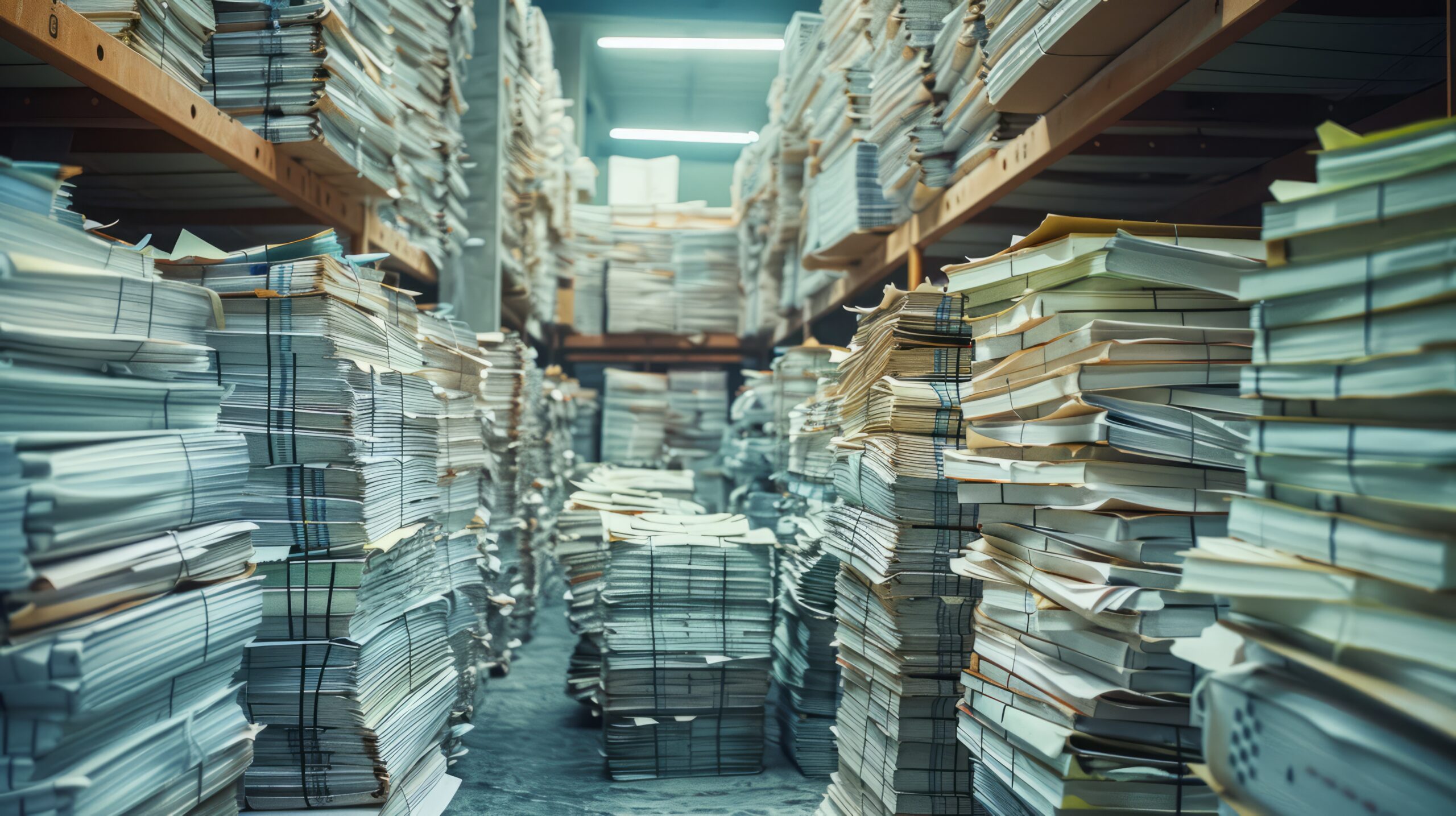 Neatly arranged stacks of paper, the stacks are organized and ready for use, the atmosphere is orderly and efficient, photography, wide-angle lens,